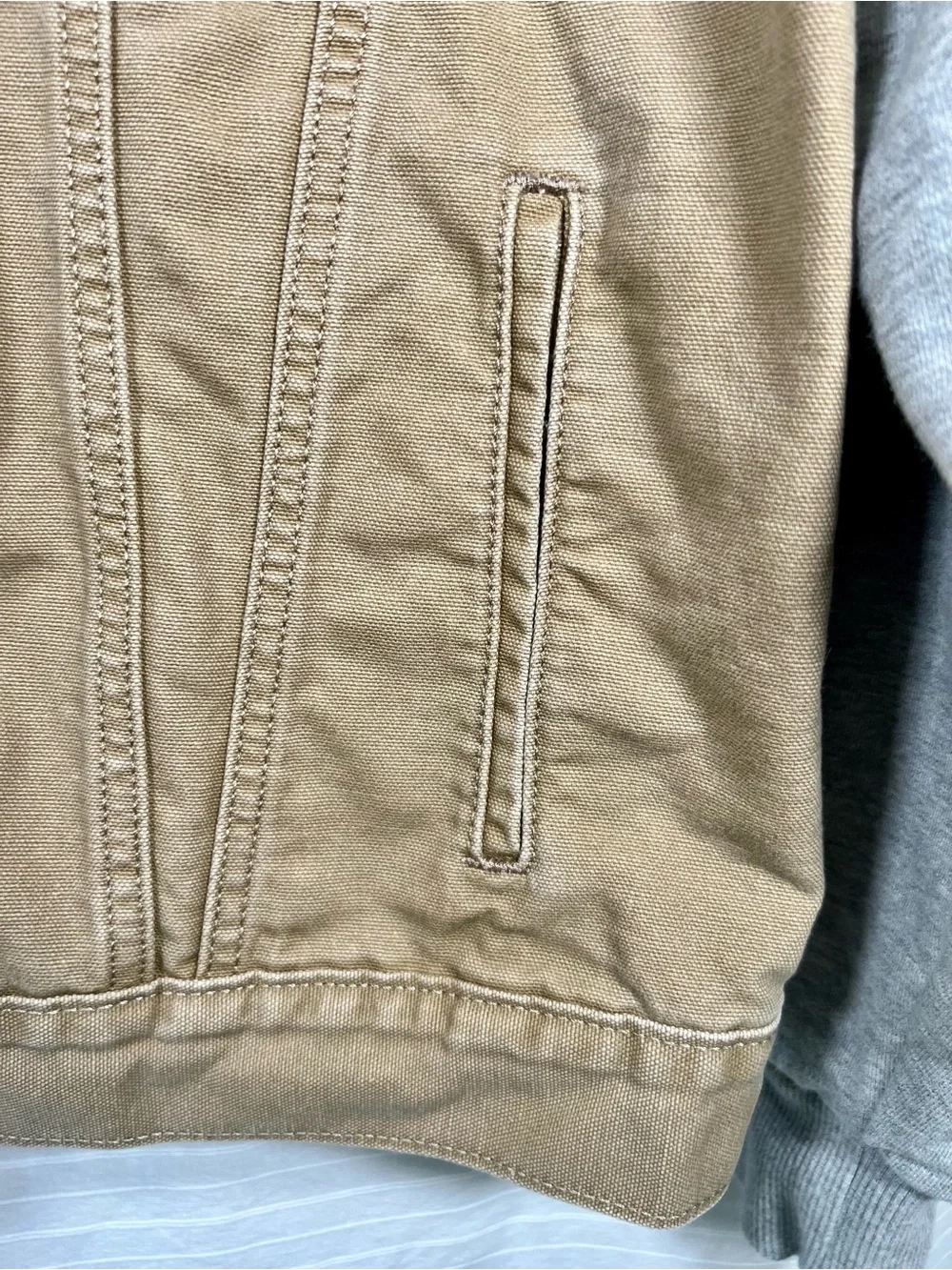 Levi's Tan hybrid hoodie Trucker Jacket with Gray Hooded Sleeves tigers eye